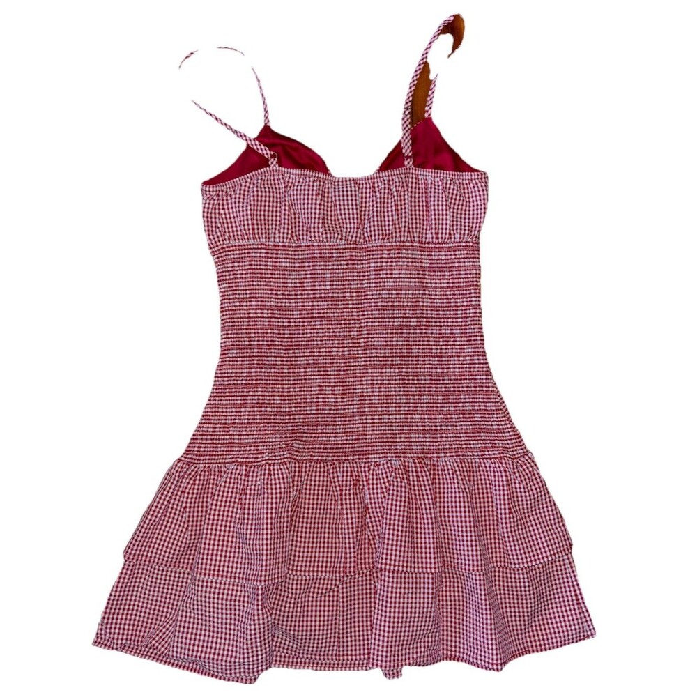 Wild Fable Mini Dress Red White Gingham Square Neck Smocked Straps Size M - Picture 2 of 3